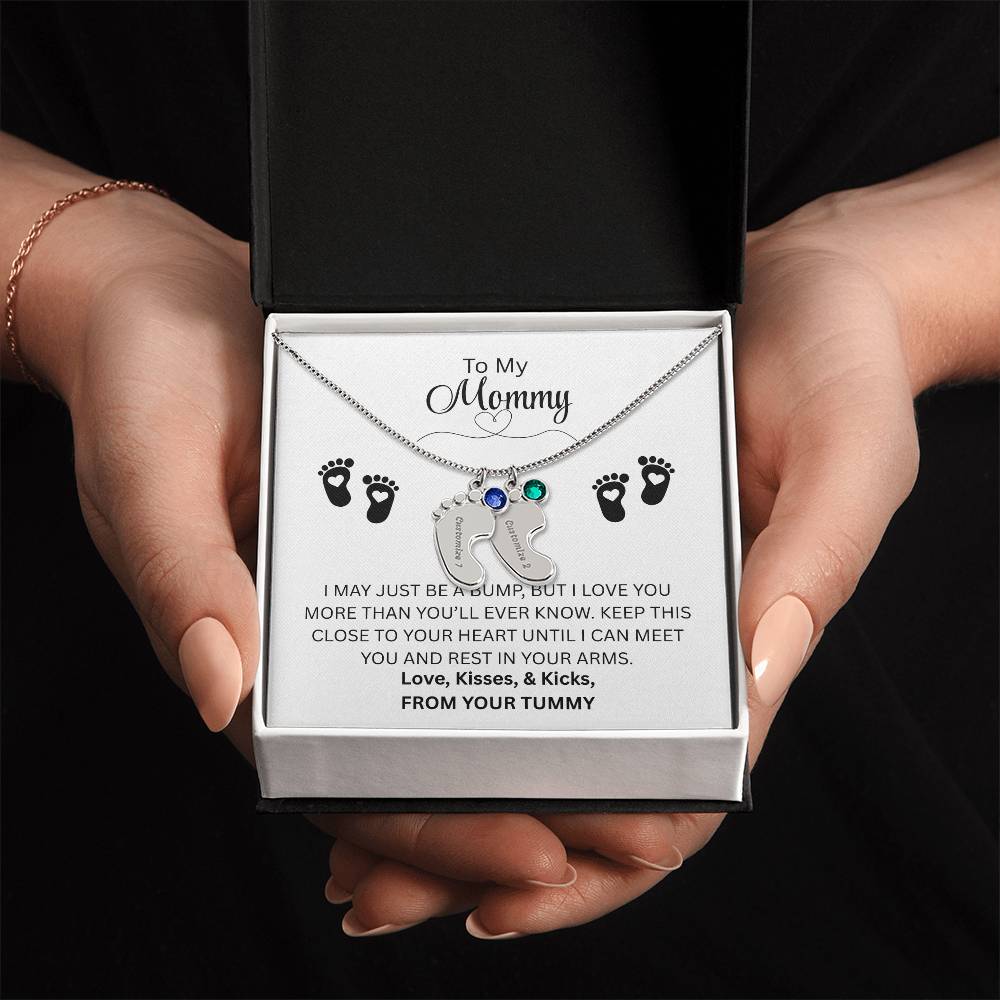To My Mommy | Just A Bump | Custom Baby Feet Necklace with Birthstone