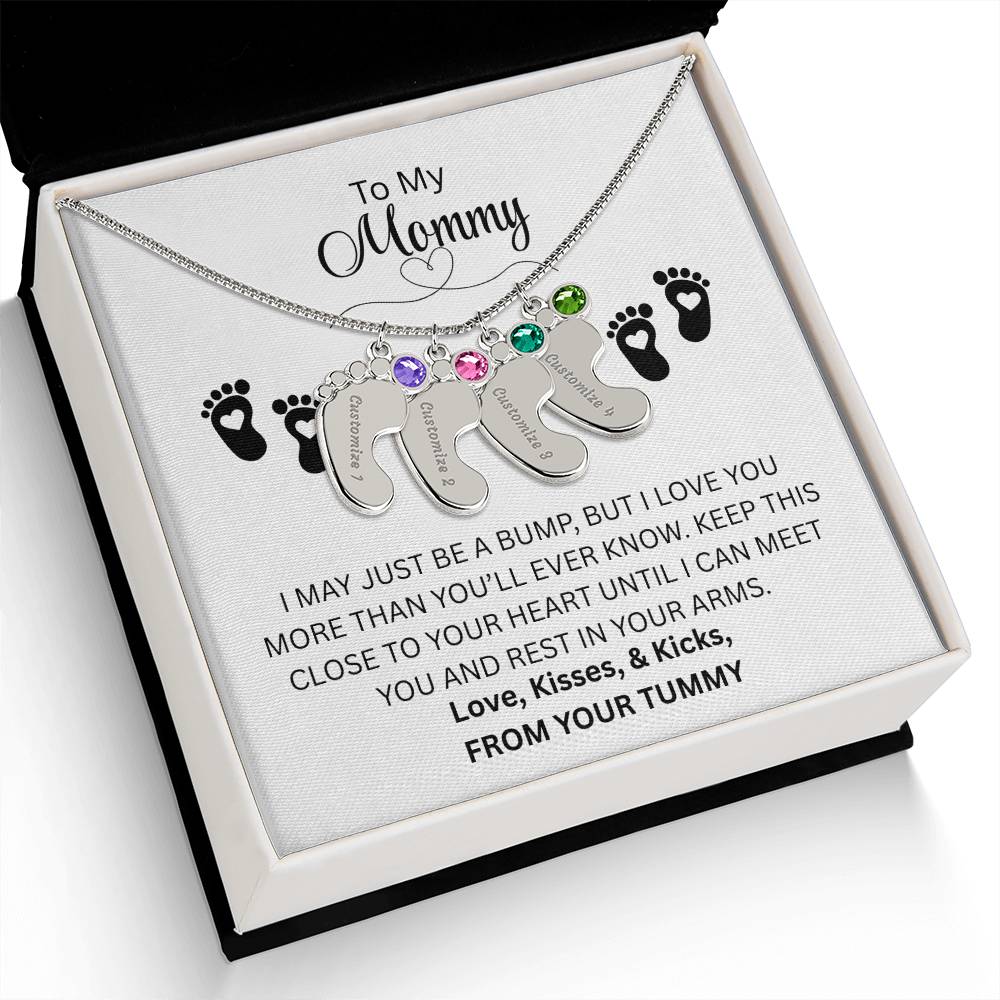 To My Mommy | Just A Bump | Custom Baby Feet Necklace with Birthstone