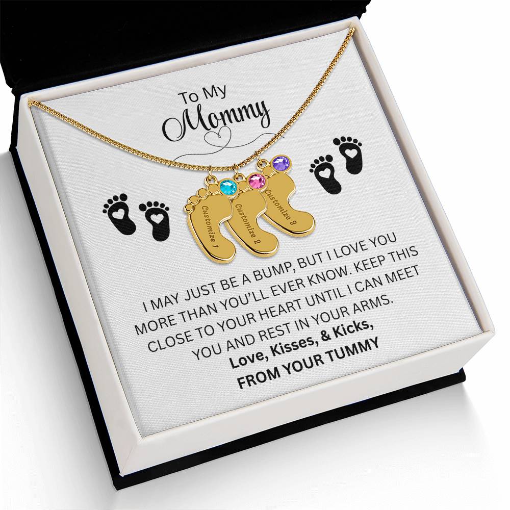 To My Mommy | Just A Bump | Custom Baby Feet Necklace with Birthstone