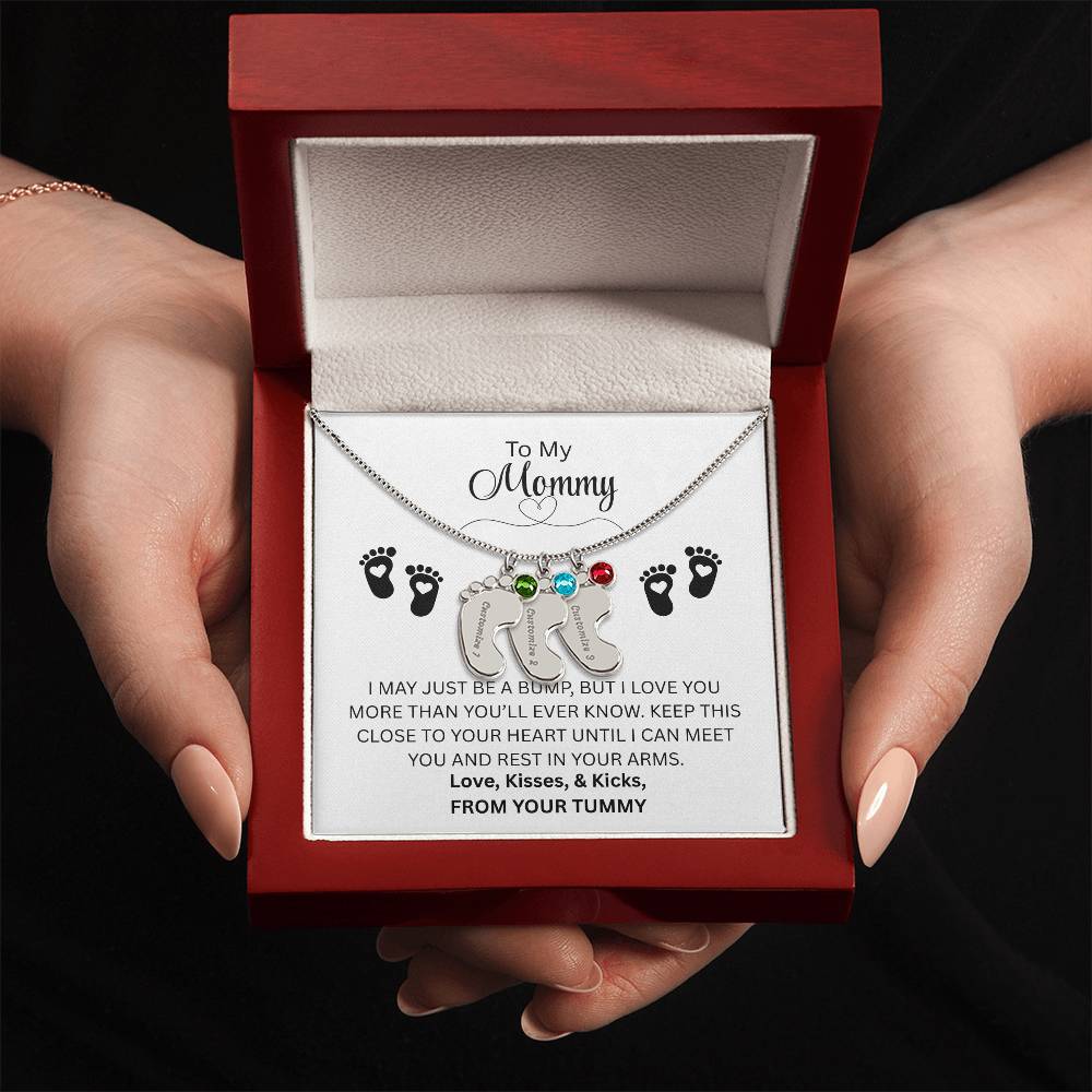 To My Mommy | Just A Bump | Custom Baby Feet Necklace with Birthstone