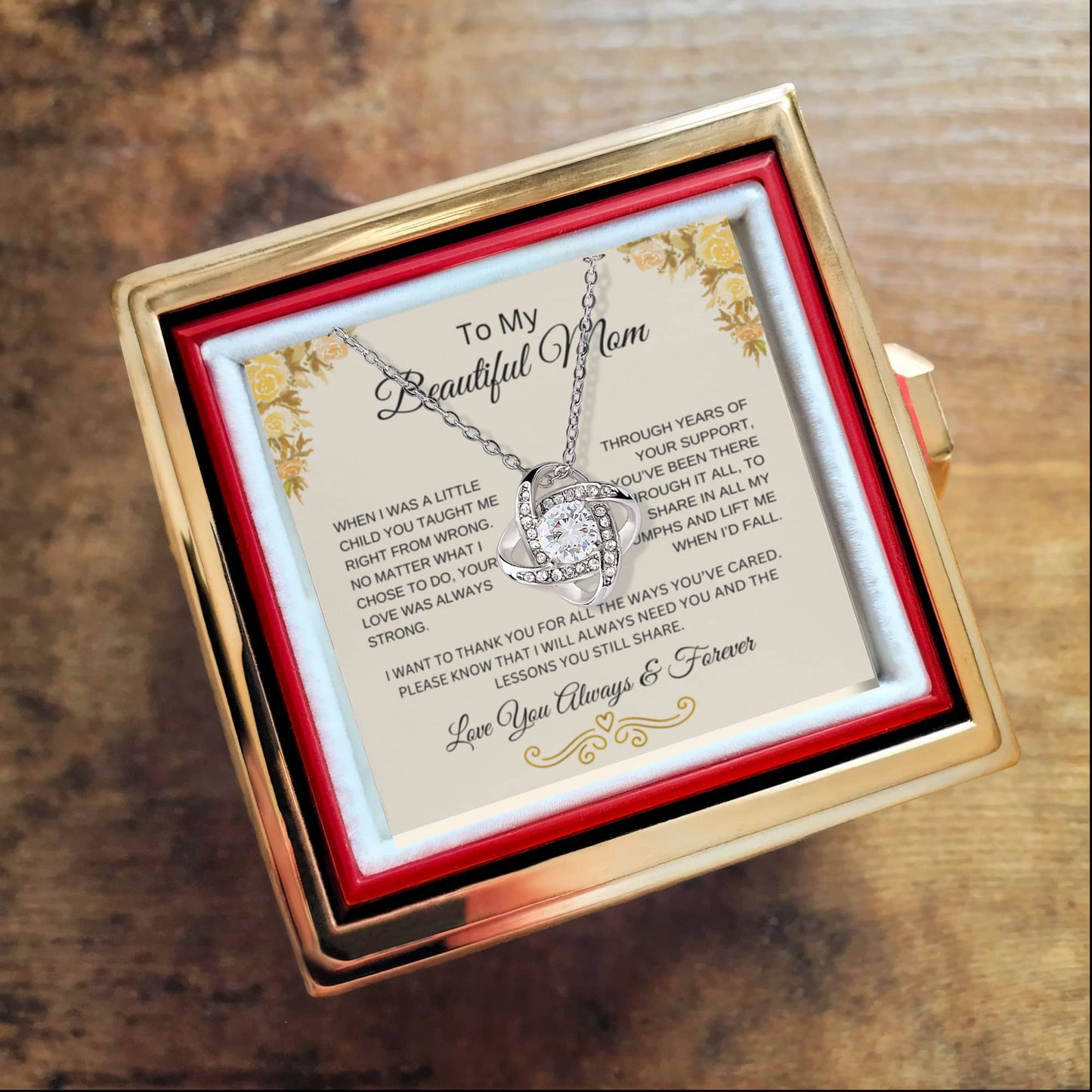 To My Beautiful Mom | Your Love | Love Knot Necklace with Rotating Rose Gift Box